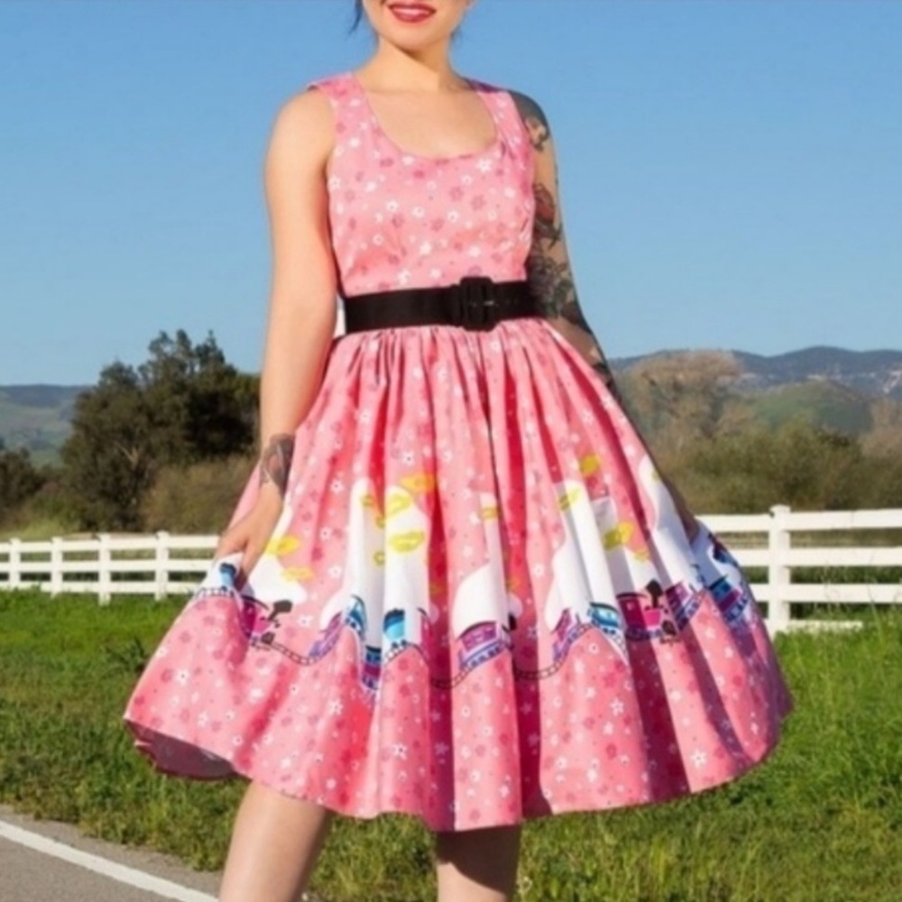 Pinup Couture Barbie Pink Trains Floral Print Sleeveless Swing Twirl Dress XS